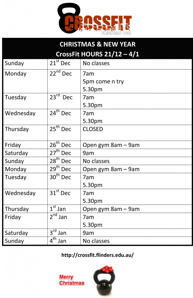 CHRISTMAS/ NEW YEAR OPENING HOURS FOR FLINDERS ONEFITNESS 2010/2
